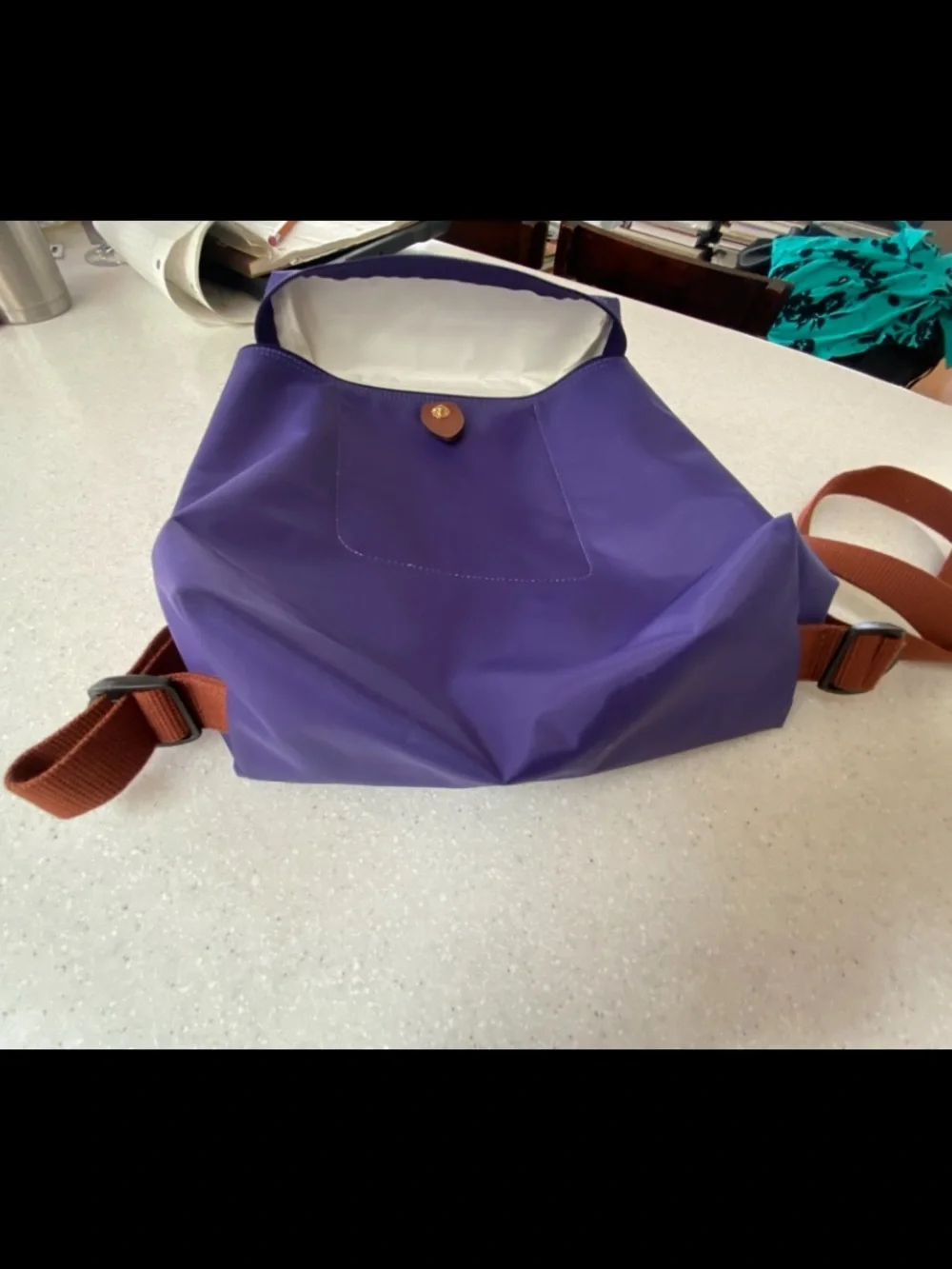 Purple Longchamp Le Pliage Lined Nylon Mini Backpack with Cognac Trim - Picture 14 of 16